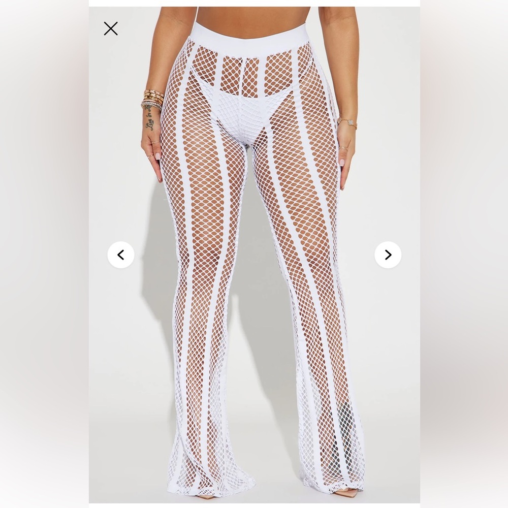 NWT Fashion Nova White Summer Party Starter Fishnet Mesh Cover Up Flare Pants XS